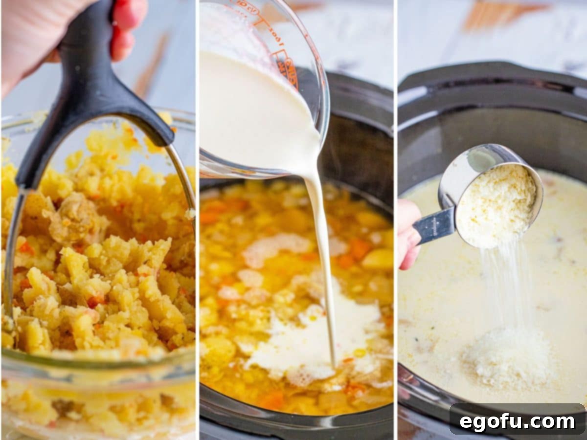 A potato masher mashing ingredients, a cup of heavy cream being poured into a soup and some instant potato flakes being added to a soup.