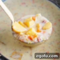 Close up looking at a ladle of Crock Pot Creamy Potato and Ham Soup.