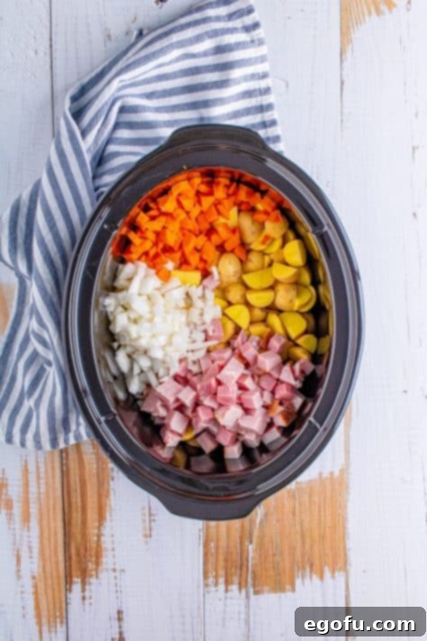A crock pot with diced ham, potatoes, carrots, and onions.