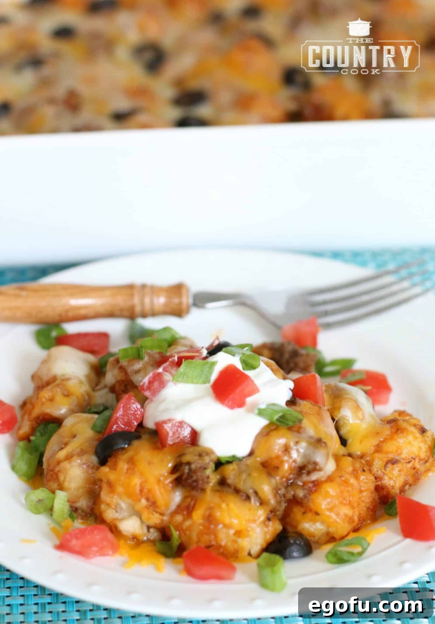 Tater Tot Enchilada Casserole served on a white plate, topped with sour cream, sliced green onions and diced tomatoes, illustrating a perfect final presentation.