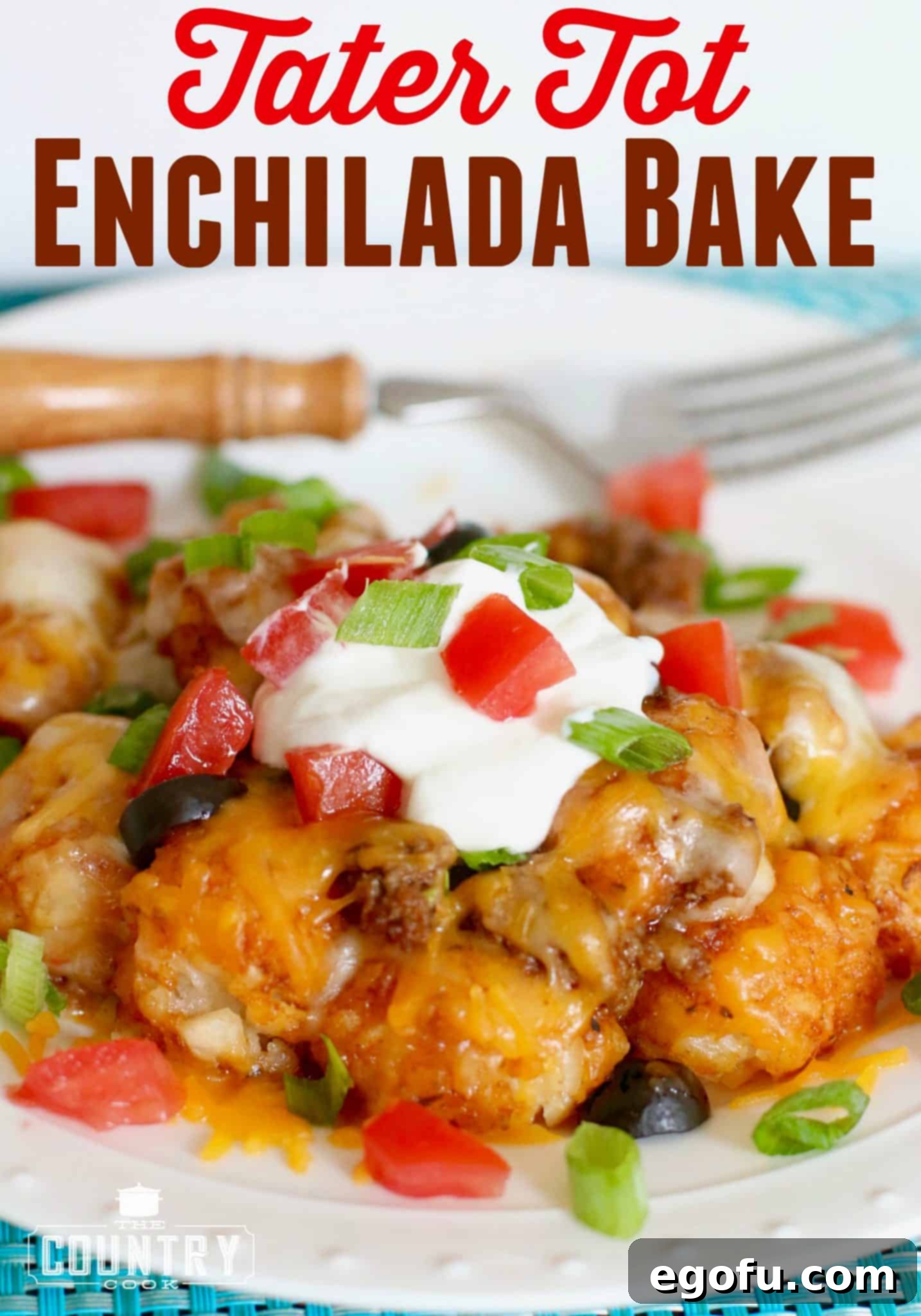 Main image for Tater Tot Enchilada Bake shown on a white plate and topped with sour cream, diced tomatoes and sliced green onions, showcasing its vibrant flavors.