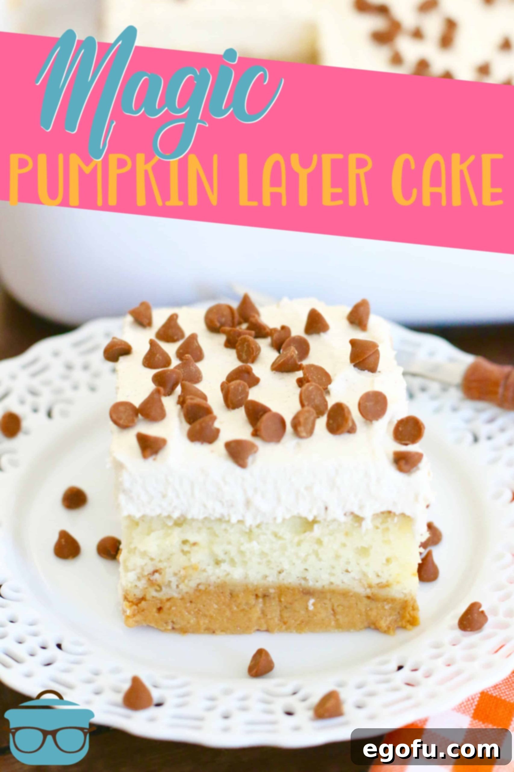 Harvest Moon Pumpkin Dream 3 A closer look at a slice of Magic Pumpkin Layer Cake, showcasing its beautiful layers. The vanilla cake is on top, and the pumpkin pie filling is at the bottom, topped with cinnamon chips, ready to be enjoyed.