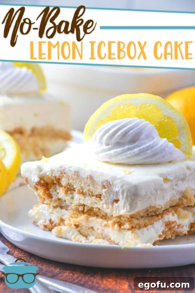 Zesty Lemon No-Bake Delight 3 No-Bake Lemon Icebox Cake recipe from The Country Cook, pictured: slice served on a plate and topped with a fresh slice of lemon.