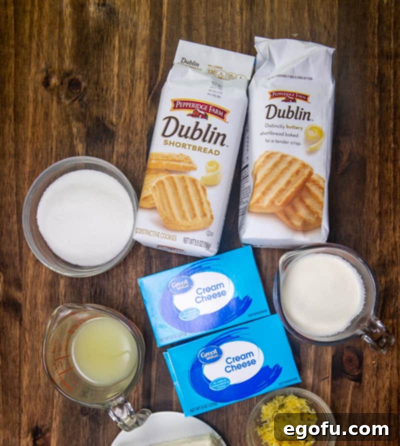 Zesty Lemon No-Bake Delight 4 cream cheese, sugar, lemon zest, heavy cream, Pepperidge Farm Dublin cookies, fresh-squeezed lemon juice, whipped cream, for serving.