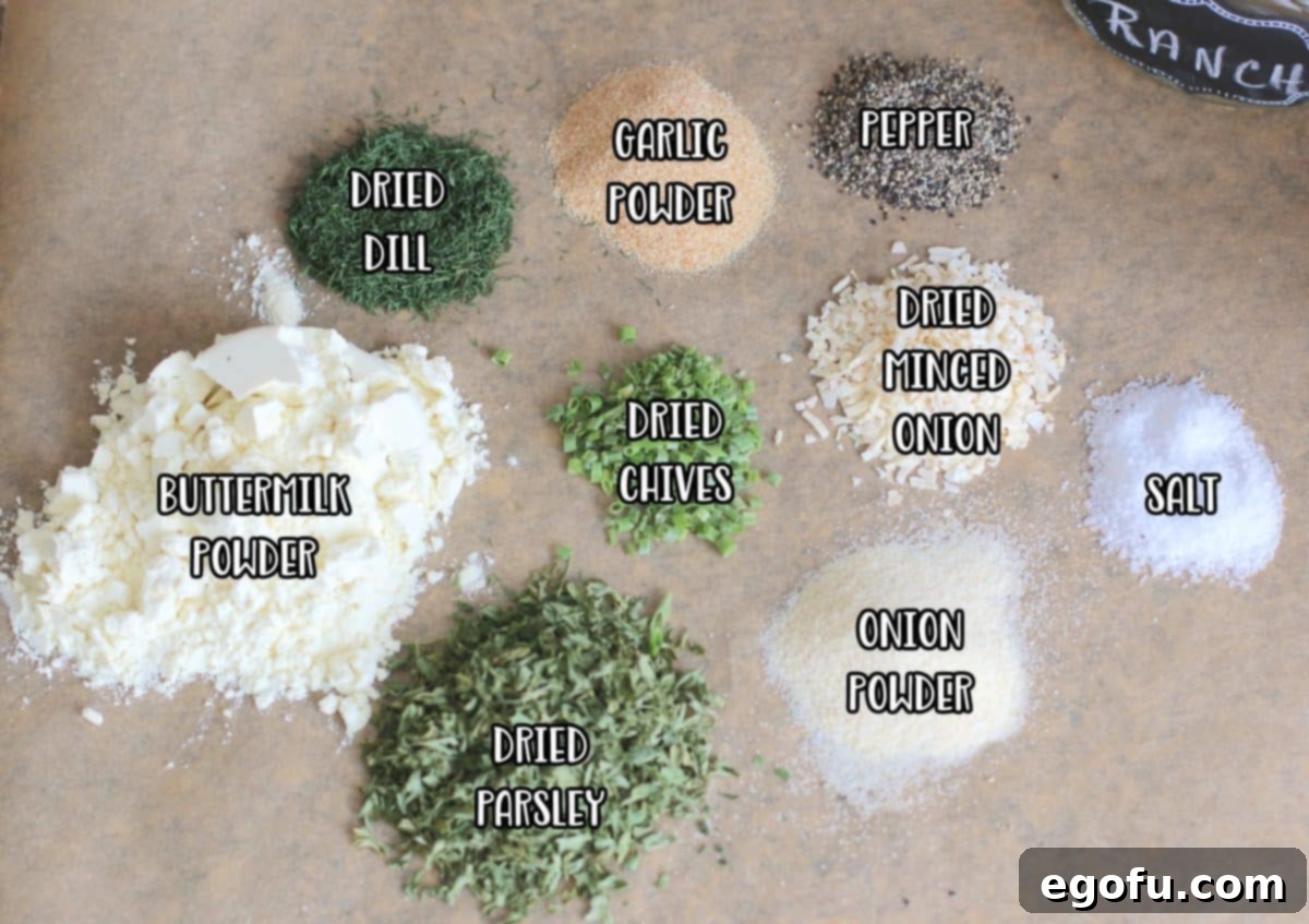 A vibrant flat lay of fresh ingredients used in homemade ranch seasoning: buttermilk powder, parsley flakes, dried chives, dried minced onion, onion powder, salt, pepper, dried dill, and garlic powder, arranged artfully on a light background.