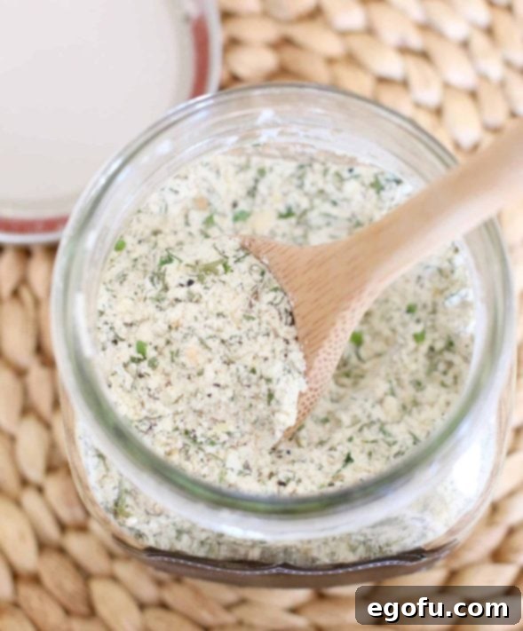 An inviting overhead view of the ranch seasoning in a mason jar, highlighting its fresh appeal and readiness for use.