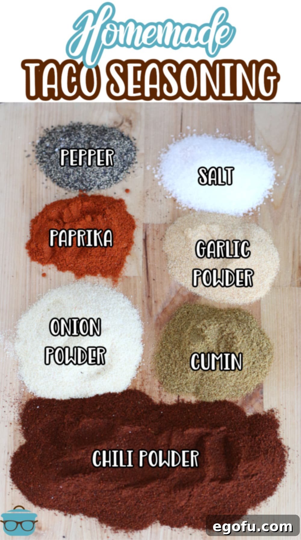 Easy Homemade Taco Seasoning 3 ingredients for taco seasoning individually laid out on a wood cutting board.