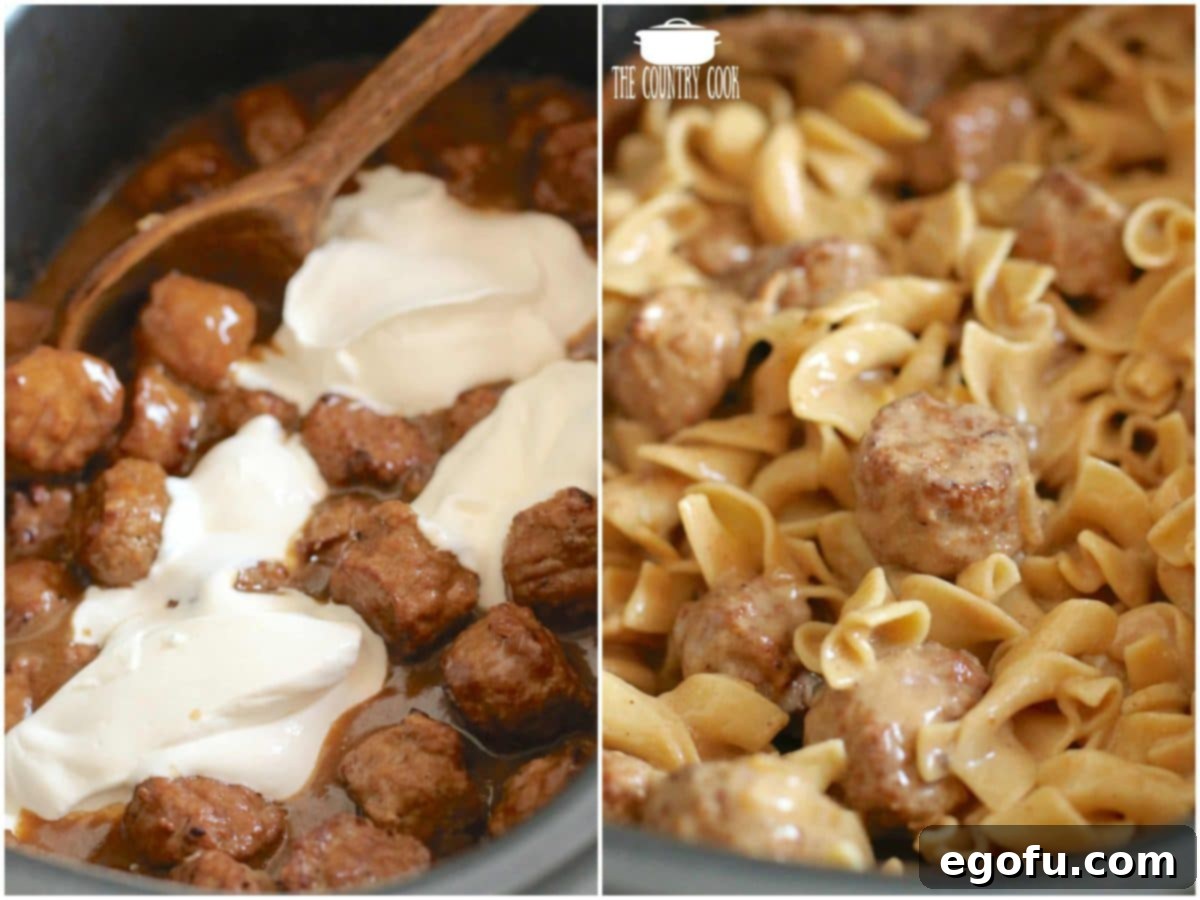 Collage showing the final steps of making slow cooker Swedish meatballs: (top) stirring sour cream into the cooked meatball mixture; (bottom) adding cooked egg noodles to the creamy meatballs in the slow cooker.