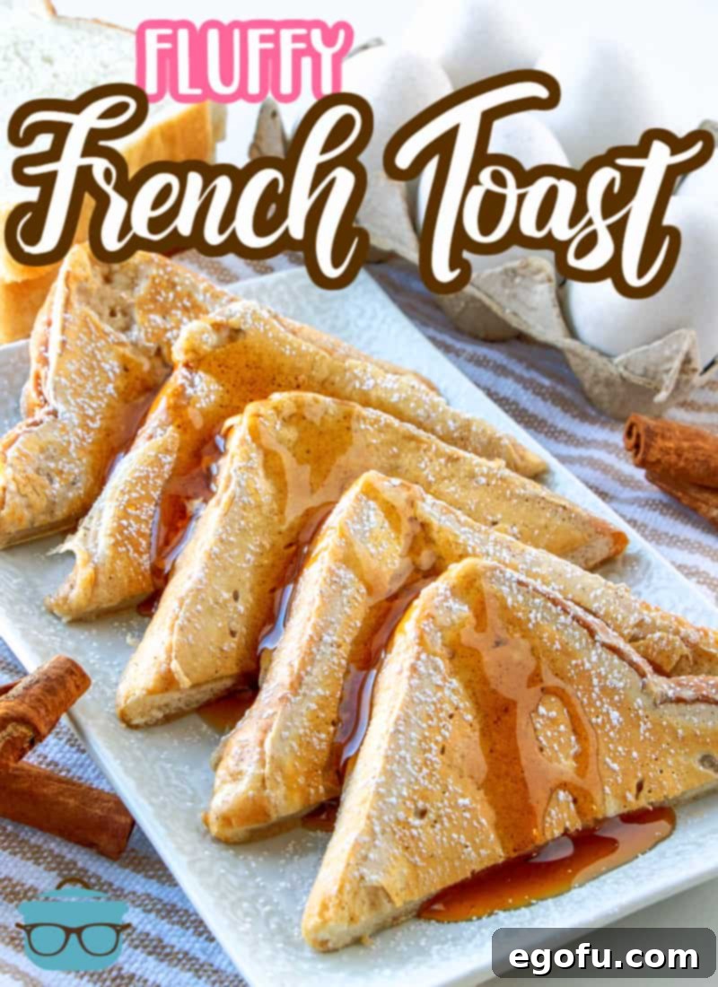 Pillowy French Toast Perfection 3 Homemade Fluffy French Toast recipe from The Country Cook, triangular slices of cooked French Toast lined up on a white tray with poured maple syrup on top of the toast.