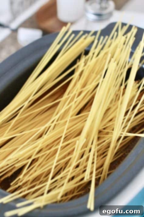 Effortless Slow Cooker Spaghetti and Meatballs 17 spaghetti noodles inside a slow cooker