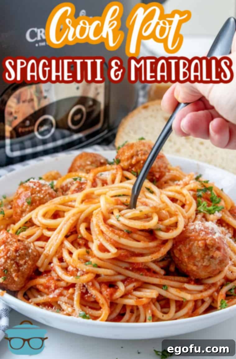 Effortless Slow Cooker Spaghetti and Meatballs 3 The main image showcasing a serving of Crock Pot Spaghetti and Meatballs from The Country Cook, presented in a white bowl with a fork twirling the spaghetti.