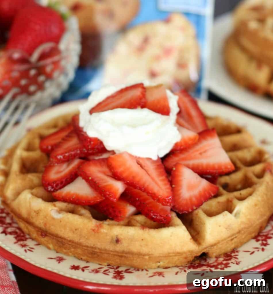 Strawberry Muffin Mix Belgian Waffles with macerated strawberries and whipped cream