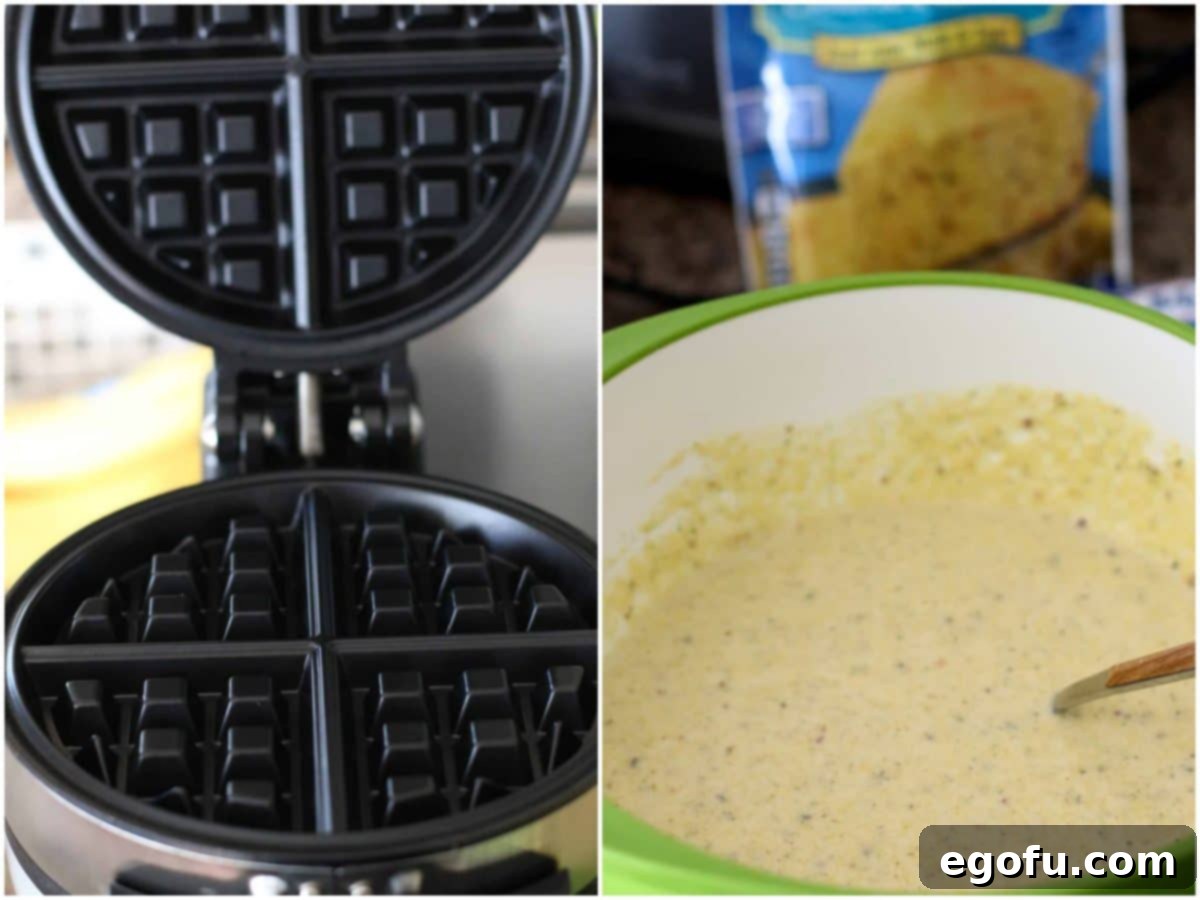 Collage of two photos: a waffle iron opened and ready, and a bowl of smooth cornbread waffle batter.