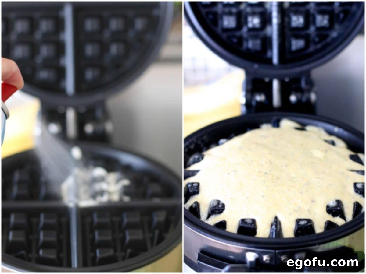 Collage of two photos: nonstick spray being applied to a hot waffle iron, and cornbread batter being poured into the waffle iron.