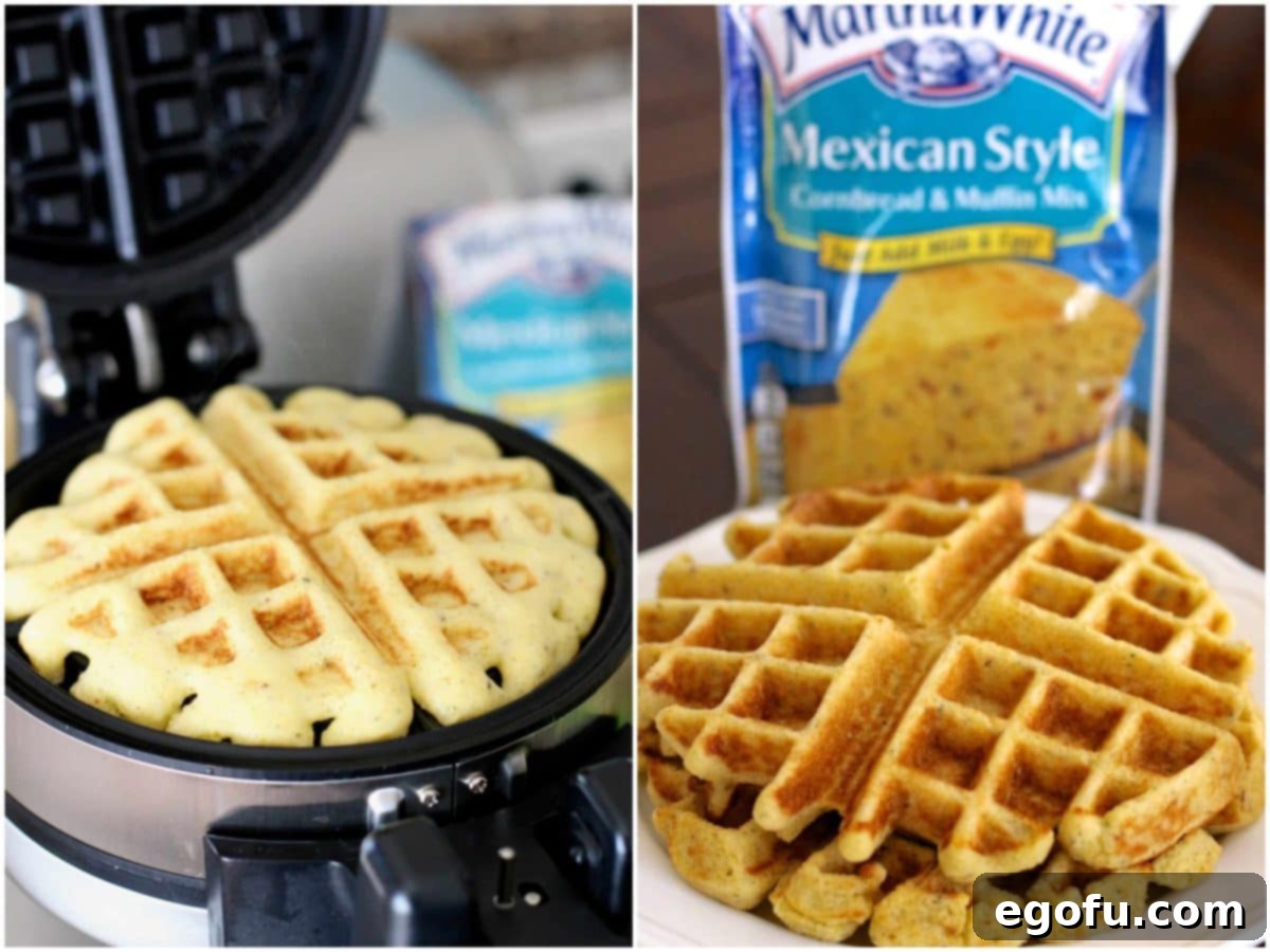 Collage of two photos: a lightly cooked cornbread waffle still in the waffle iron, and two golden-brown, fully cooked cornbread waffles stacked on a plate.