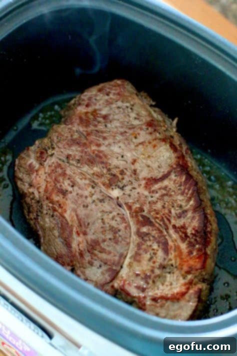 Browned chuck roast shown in an oval slow cooker.