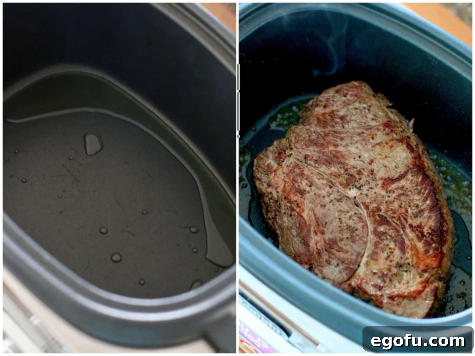 Collage of two photos: oil in the bottom of a slow cooker; browning a pot roast in the oil int the slow cooker.