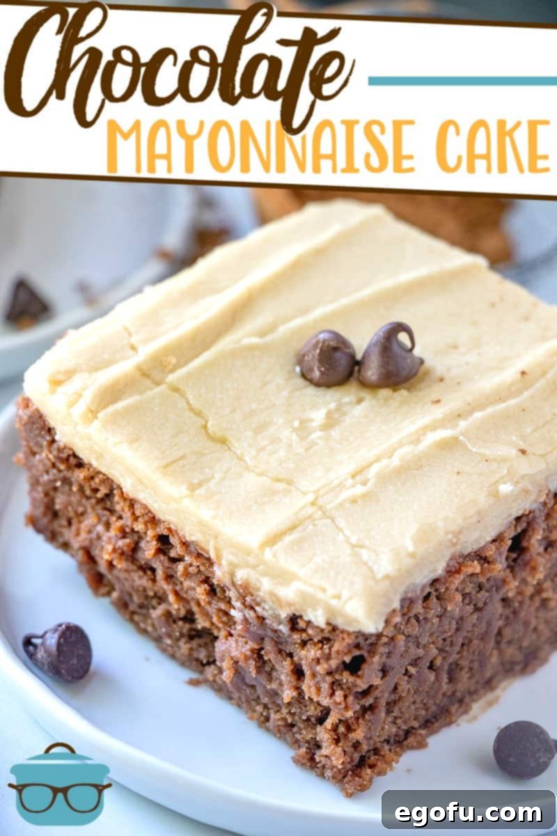 Chocolate Mayonnaise Cake with Homemade Brown Sugar Frosting recipe, slice shown on a plate with chocolate chips.