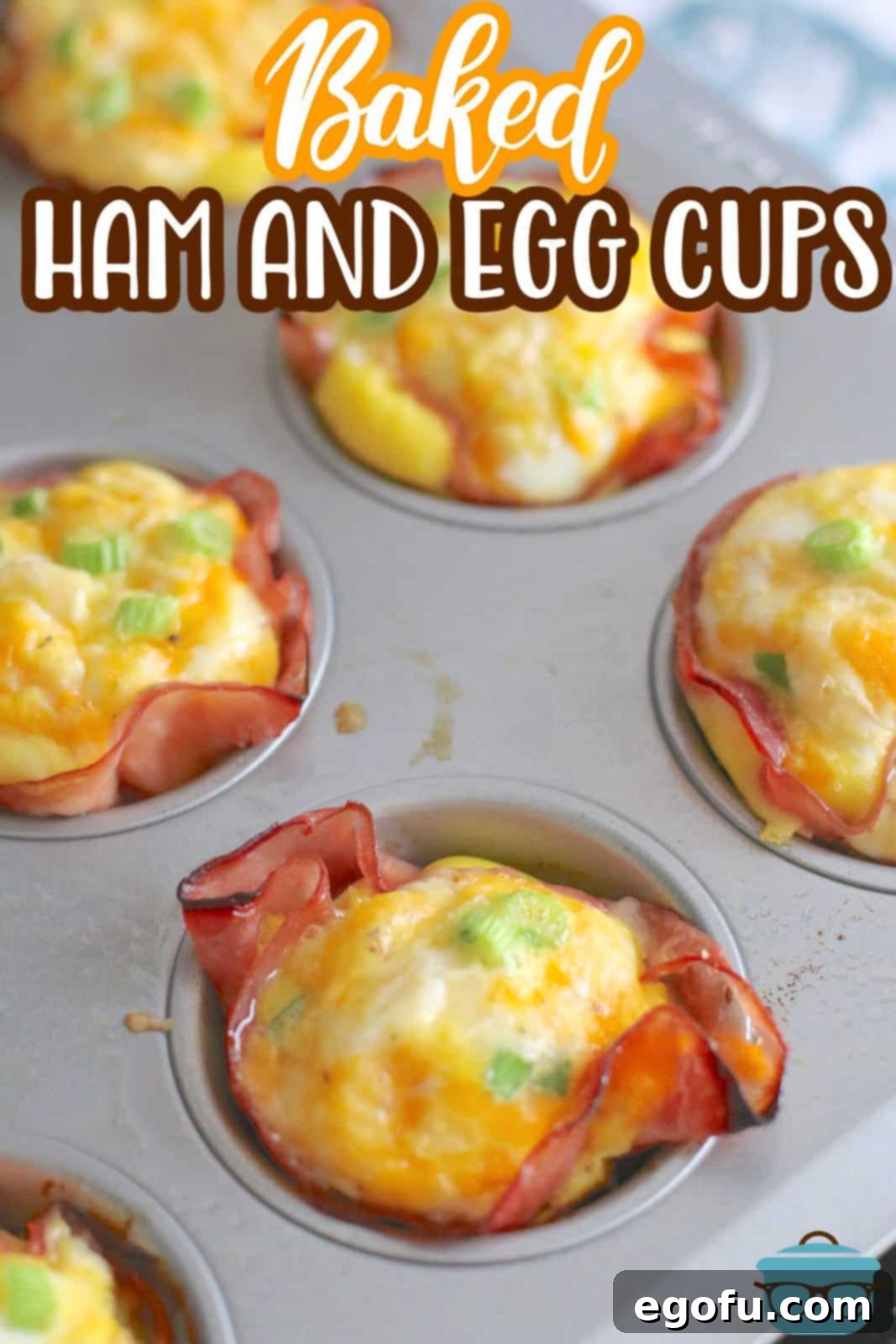 Breakfast Ham and Egg Nests 3 Baked Ham and Egg Cups shown fully baked in a muffin tin.
