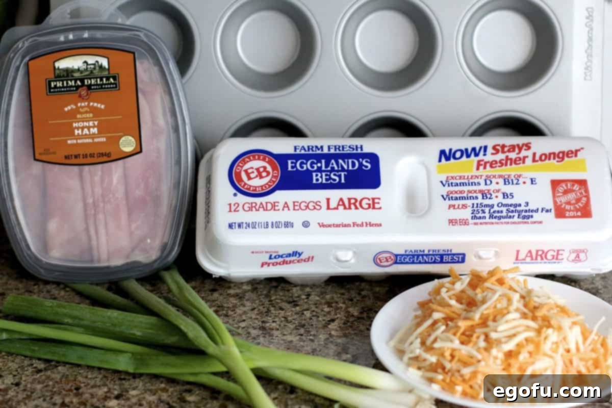 Breakfast Ham and Egg Nests 4 ingredients needed: sliced ham, shredded cheddar cheeses, eggs, green onions.