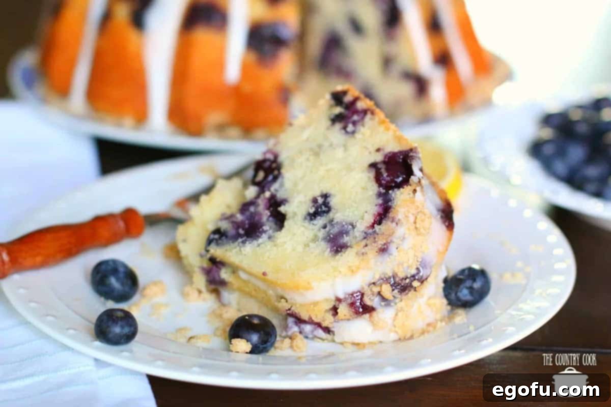 A perfectly sliced piece of Blueberry Muffin Cake on a white plate, surrounded by fresh blueberries, showcasing its moist texture and golden crumb topping.
