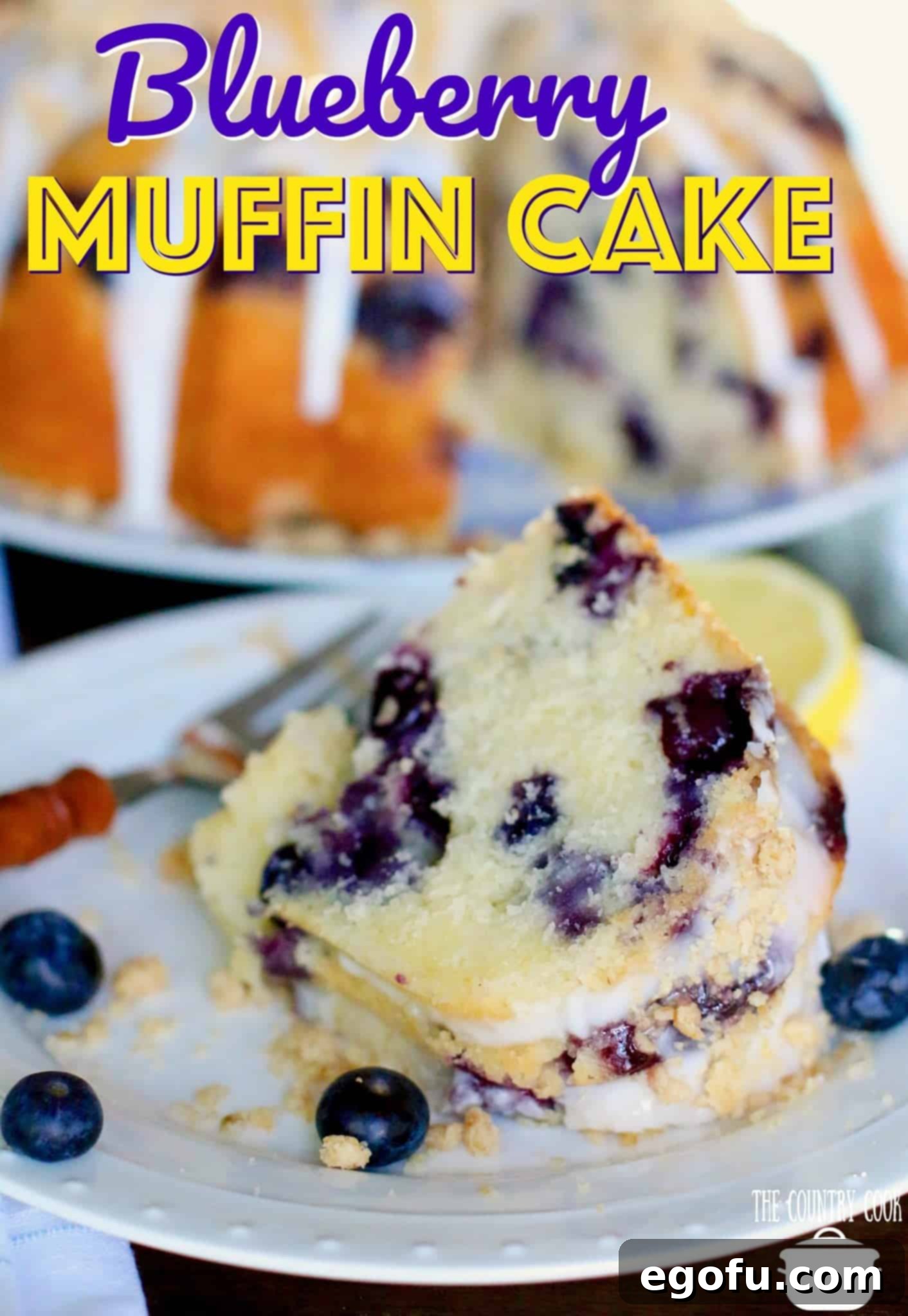 A close-up shot of a delectable slice of blueberry muffin cake on a white plate, garnished with a fresh lemon slice and scattered blueberries, highlighting its rich texture and vibrant fruit.