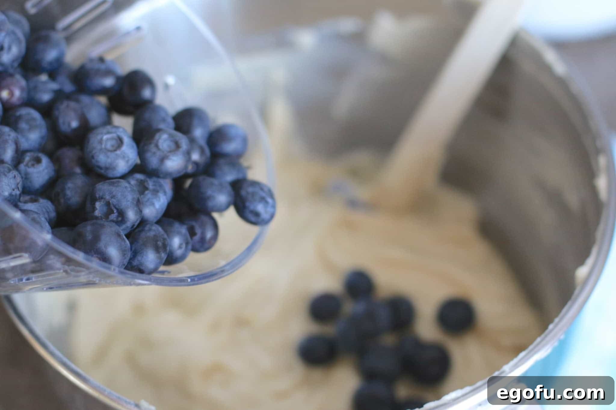 Fresh blueberries being gently folded into the homemade cake batter, ensuring even distribution without crushing the delicate fruit.