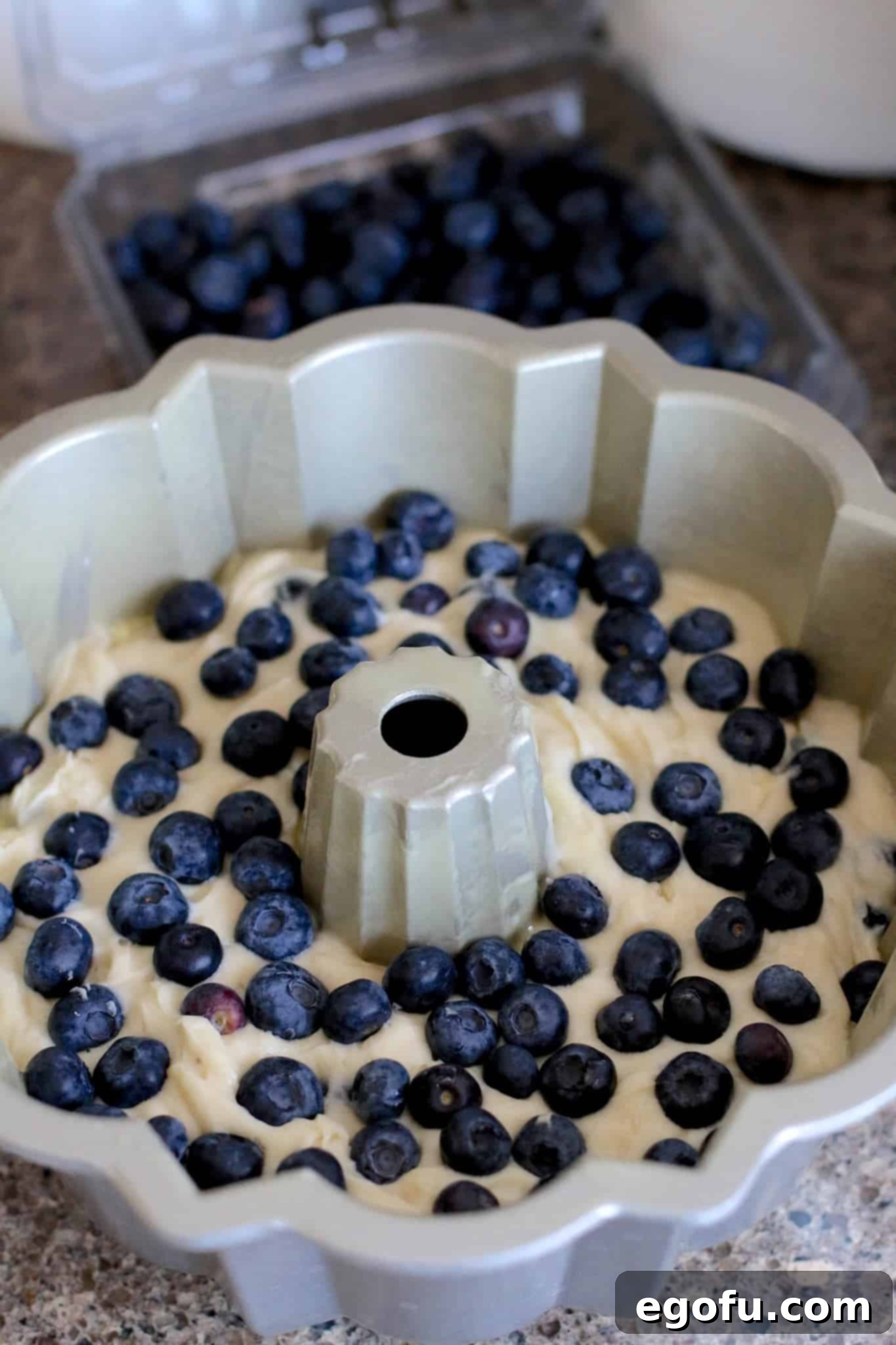 Additional fresh blueberries are carefully placed on top of the cake batter in a decorative Nordicware bundt pan, preparing for a beautiful top layer.