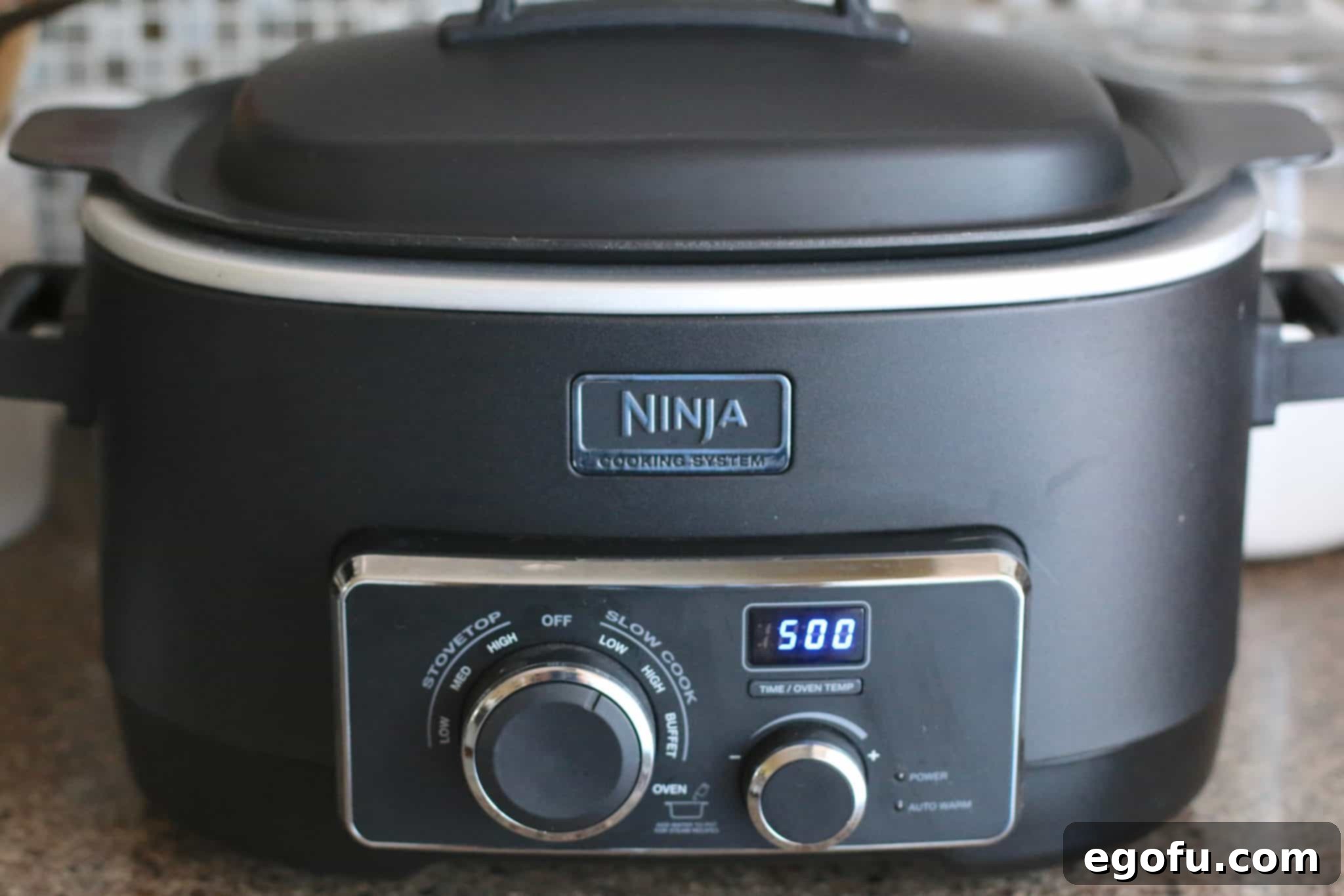 Covered Ninja slow cooker set for five hours, demonstrating the hands-off cooking process for this easy meal.