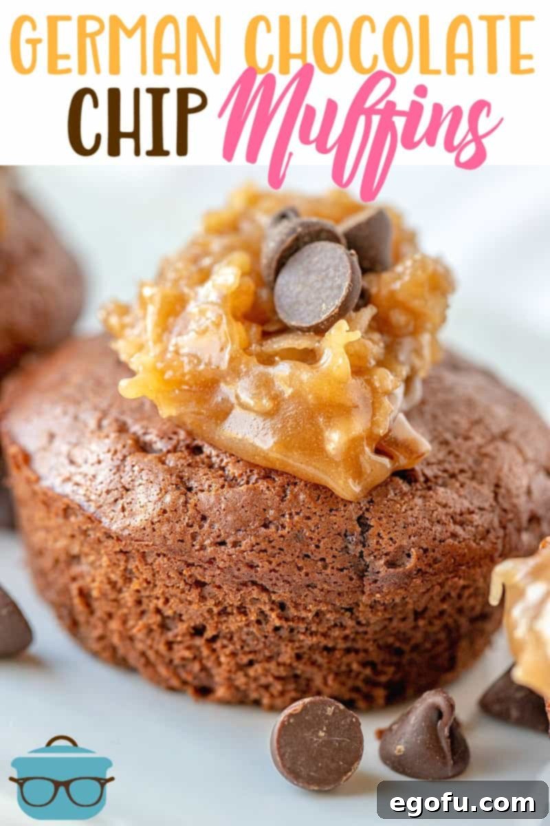 Easy German Chocolate Chip Muffins recipe from The Country Cook. Close up photo shown of one German Chocolate Muffin on a white plate, showcasing its appealing texture and topping.
