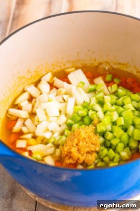 Soul-Warming Chicken and Noodles 11 A pot with diced vegetables, minced garlic, and chicken broth, brought to a boil.