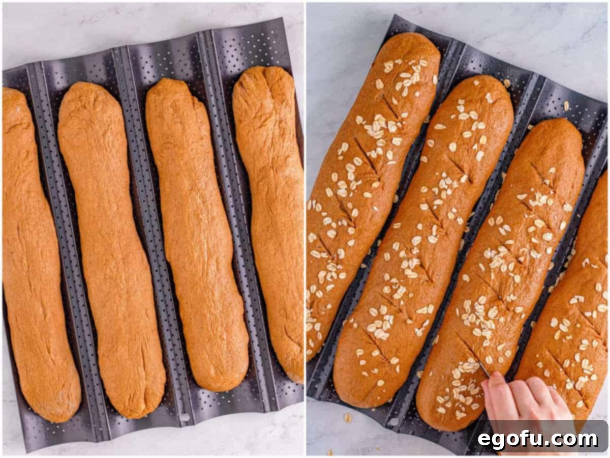 Cheesecake Factory Style Molasses Brown Bread 8 collage of two photos: four uncooked loaves of bread on a bread pan; a hand scoring the bread dough on the pan.
