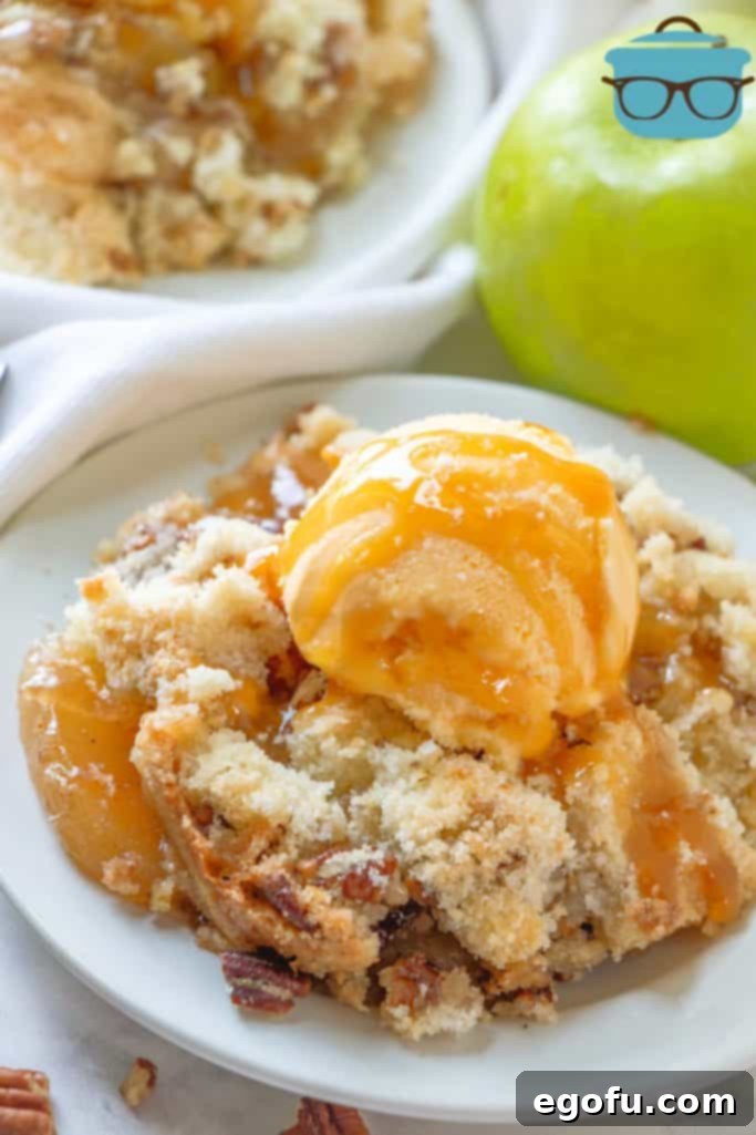 Effortless Apple Crisp 7 Apple crisp served on a small white round plate, topped with a scoop of vanilla ice cream and drizzled with caramel sauce.