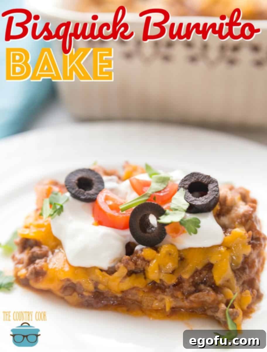 Impossible Bisquick Burrito Bake recipe from The Country Cook. Slice shown on a round white plate. 