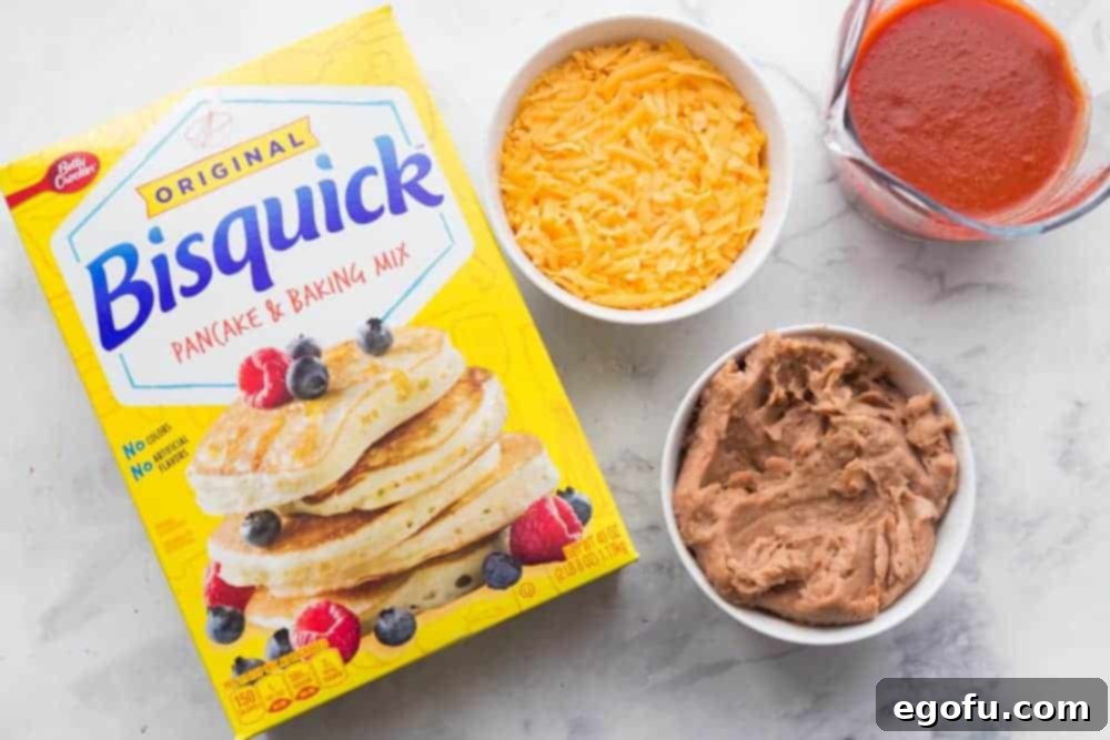 Bisquick biscuit mix, refried beans, shredded cheese, ground beef, taco sauce.