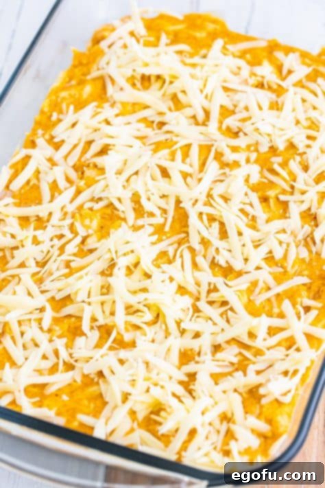 Shredded cheese on top of the enchilada bake in a baking dish.