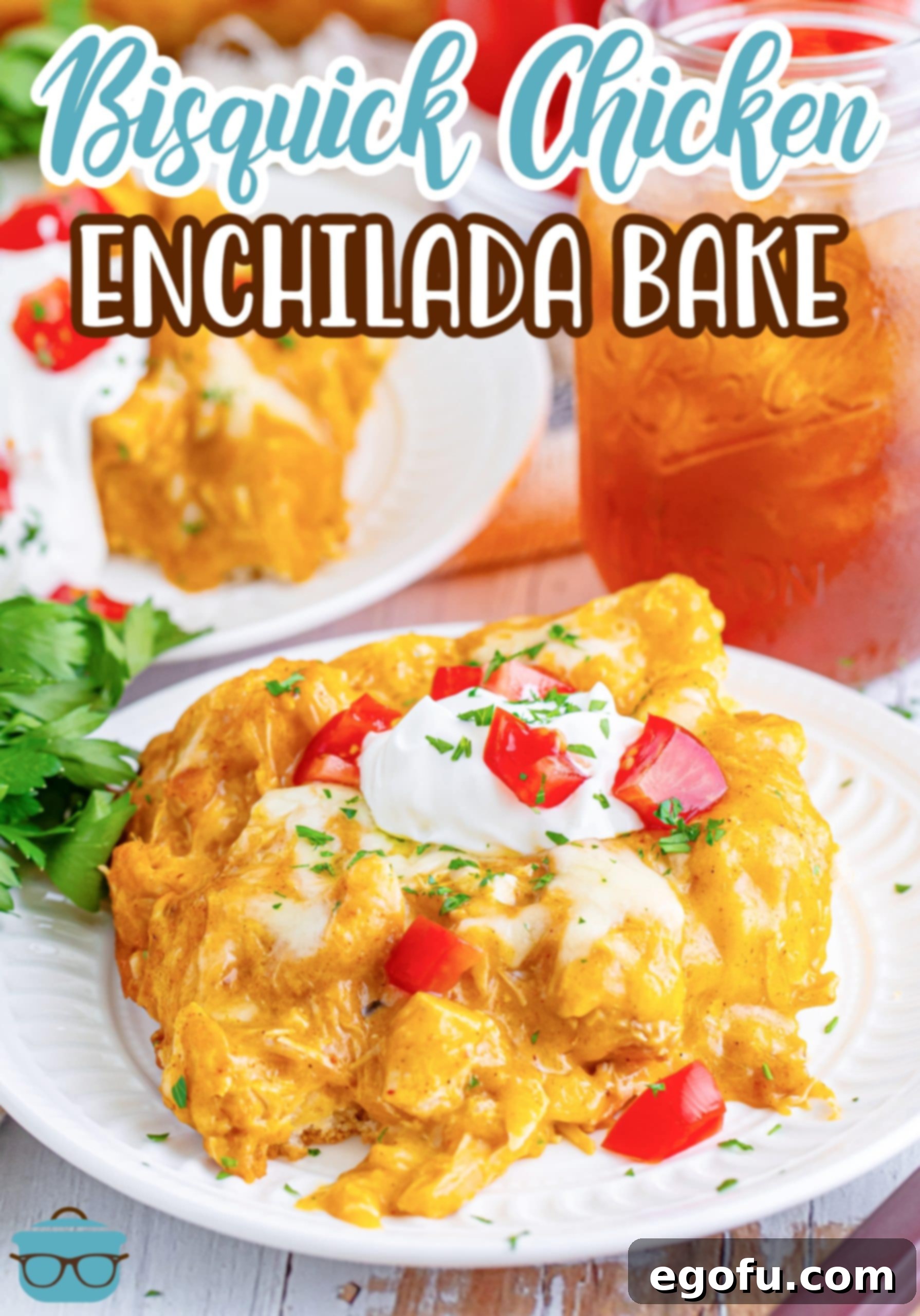 A plated serving of savory Bisquick Chicken Enchilada Bake, garnished and ready to enjoy.