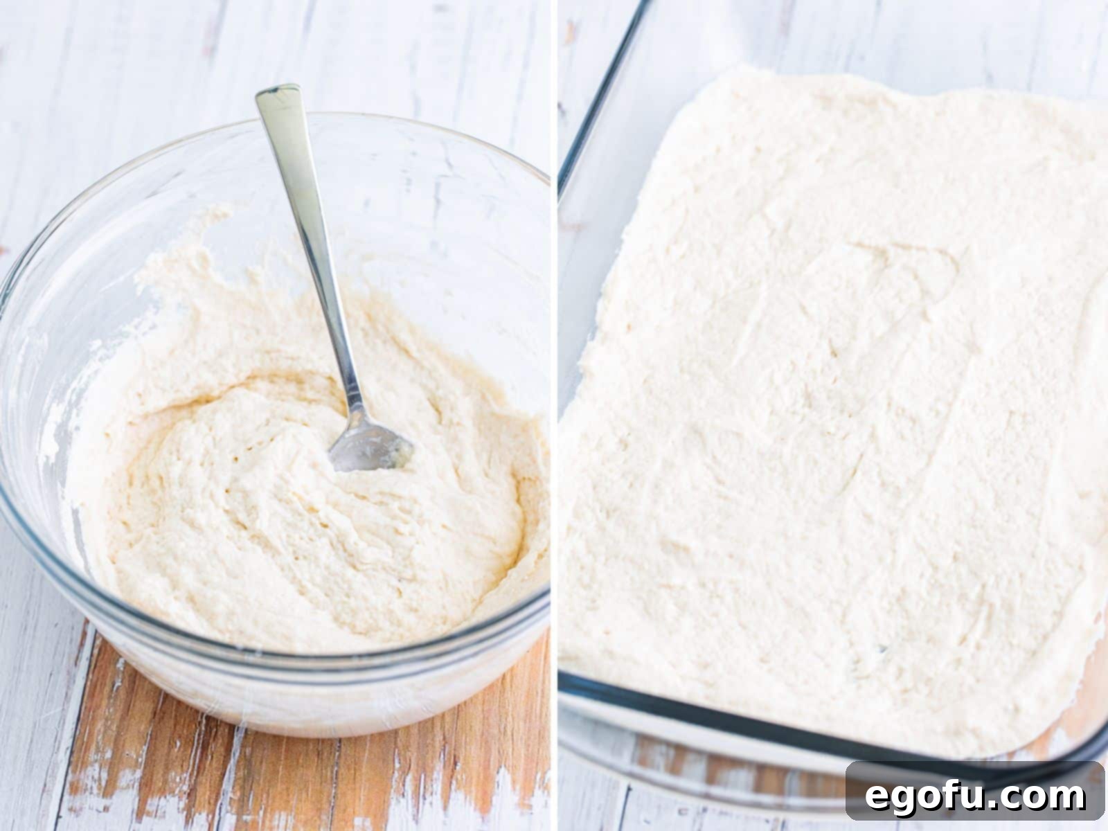 A bowl with Bisquick mix and a baking dish with Bisquick batter spread out.