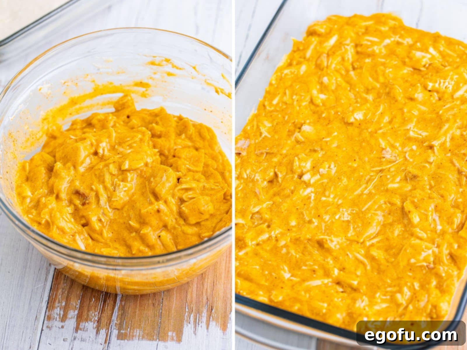 A bowl with enchilada sauce, cream of chicken soup, diced chicken, taco seasoning, and 1 cup shredded cheese mixed together, and then a baking dish with that mixture spread out in it.