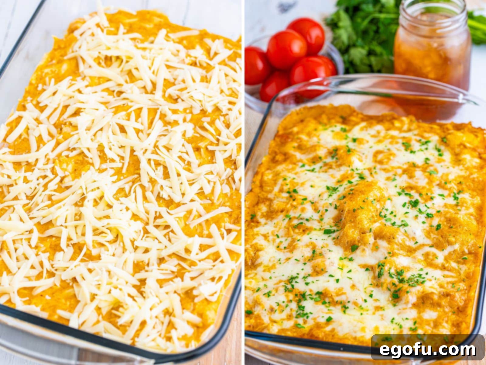 A cheese-topped Enchilada Bake and a freshly baked Chicken Enchilada Bake in a baking dish.