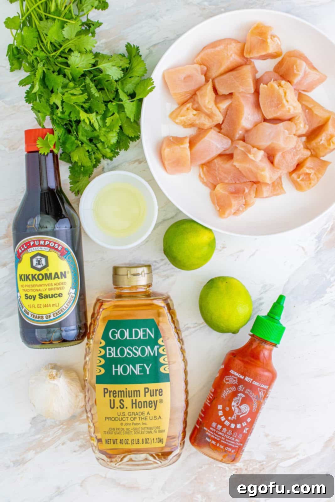 soy sauce, honey, limes, diced chicken breast, sriracha, cilantro.
