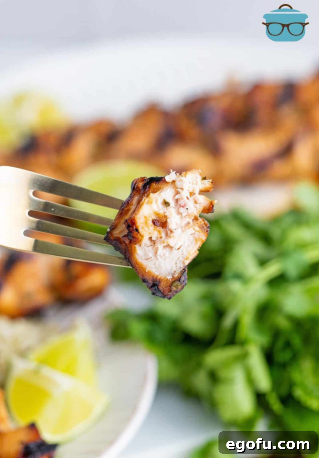 a piece of grilled chicken shown on a fork.