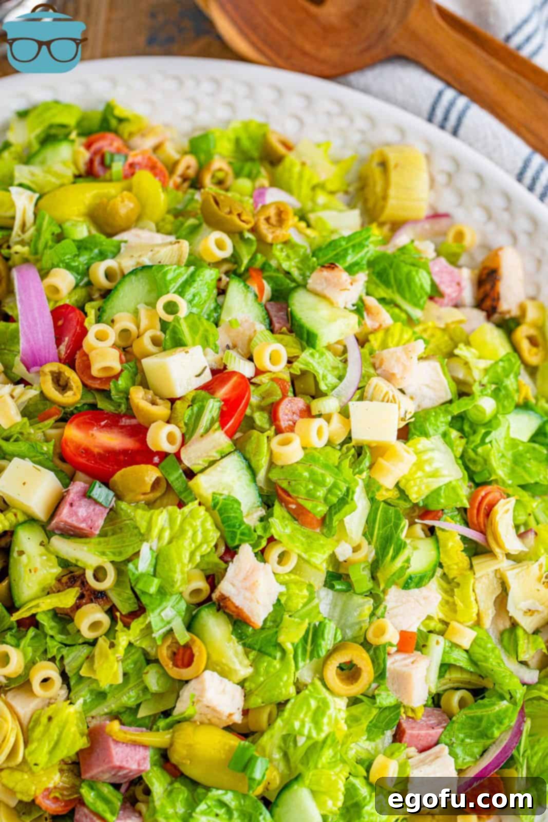 Vibrant Italian Chopped Salad 2 Italian Chopped Salad shown prepared in a large white serving bowl