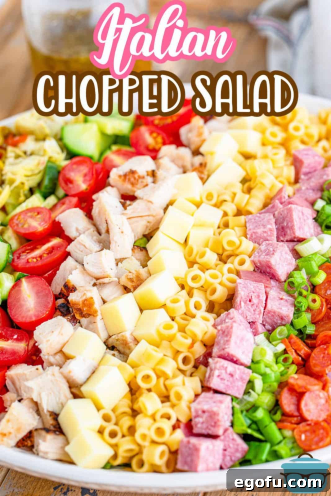 Vibrant Italian Chopped Salad 3 Italian Chopped Salad recipe with homemade dressing recipe from The Country Cook. Rows of each ingredient lined up in a large white bowl