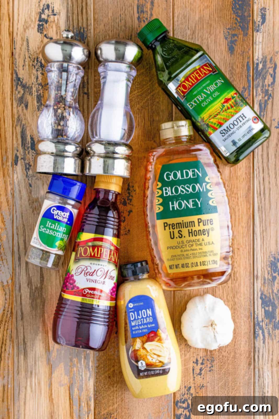 Vibrant Italian Chopped Salad 4 salad dressing ingredients needed: olive oil, red wine vinegar, honey, dijon mustard, Italian seasoning, garlic, salt and pepper.