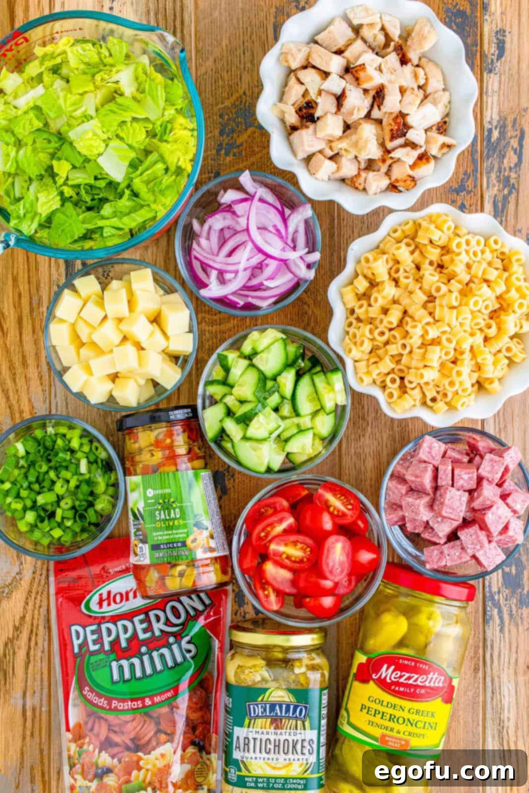 Vibrant Italian Chopped Salad 5 salad ingredients needed: ditalini pasta, romaine lettuce, grape tomatoes, salami, mozzarella, cucumber, green onions, artichoke hearts, grilled chicken breast strips and mini pepperoni.