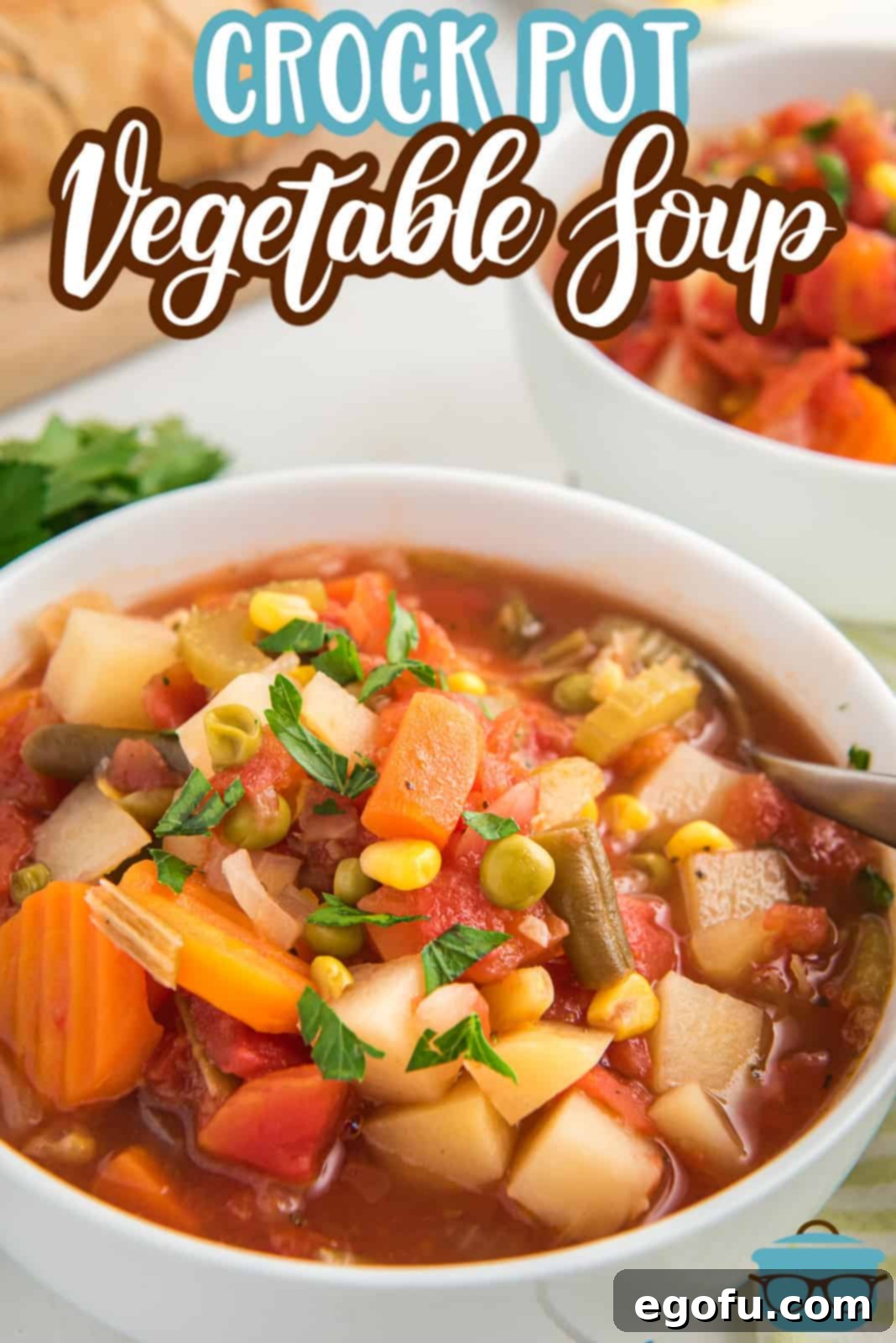 One Pot Comfort Vegetable Soup 3 White bowl filled with steaming Crock Pot Vegetable Soup, garnished with fresh herbs.