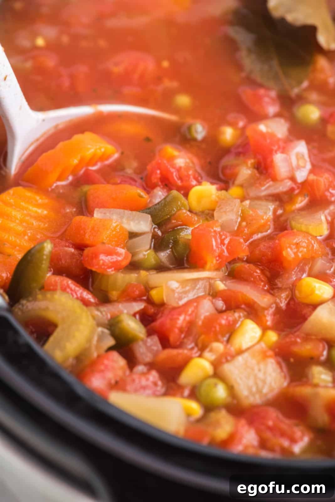 One Pot Comfort Vegetable Soup 10 Close-up view of the finished Vegetable Soup inside the Crock Pot, showing the tender vegetables and rich broth.