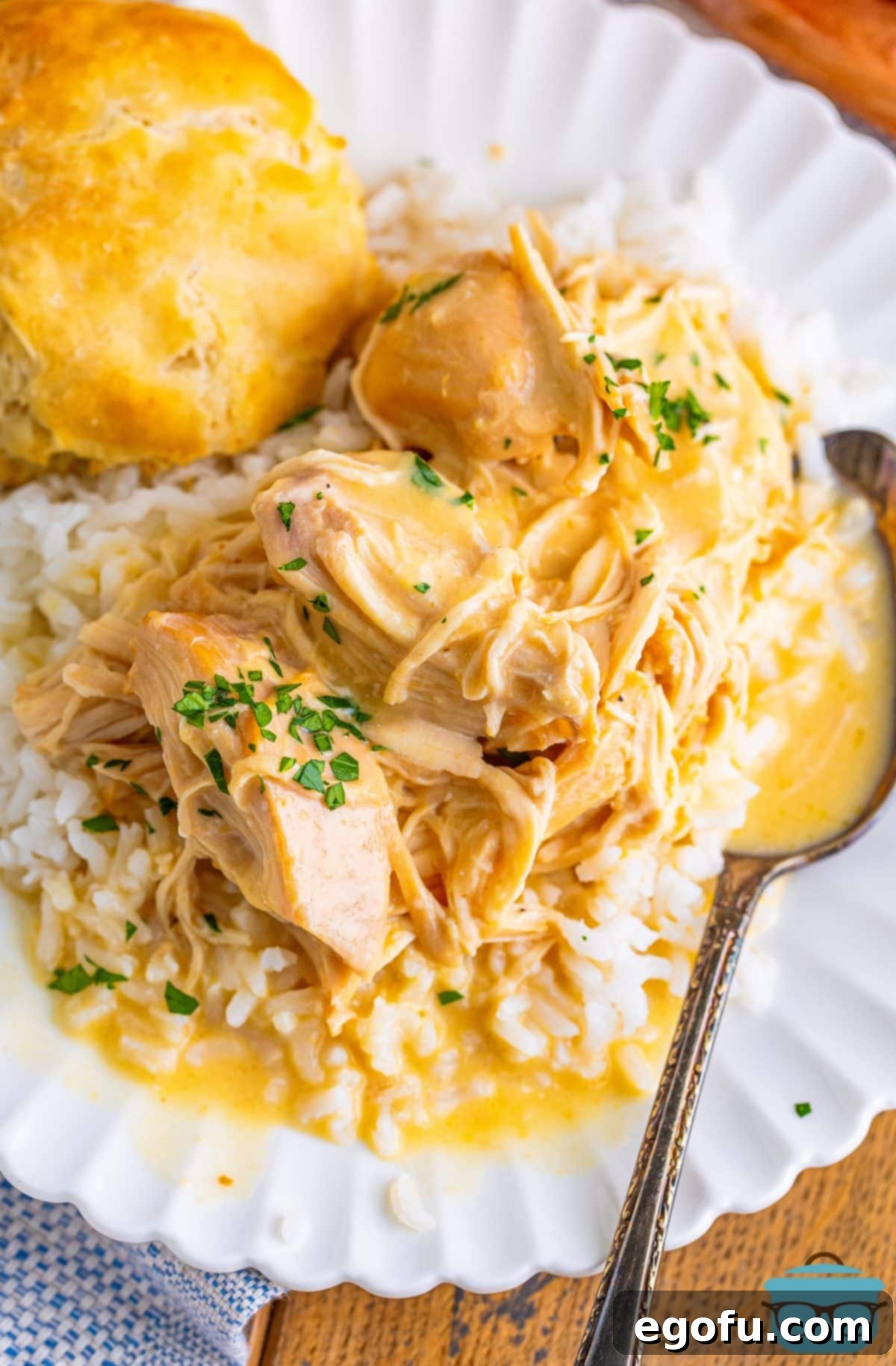 Looking down on a plate of Crock Pot Chicken and Gravy, ready to be enjoyed.