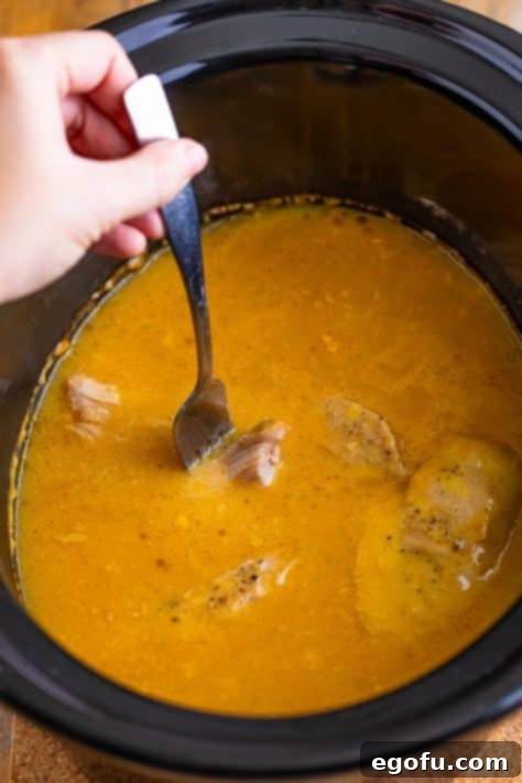A fork shredding chicken in a crock pot.